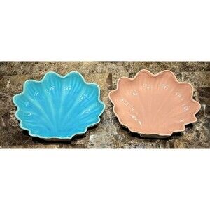 Catalina Pottery Vintage Pair Of Shell Shaped Dishes 12"x10" Blue & Pink